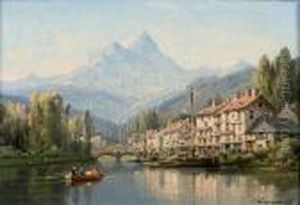 Ville De Montagne Avec Promeneurs Enbarque by Charles Euphrasie Kuwasseg