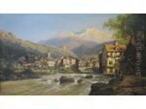 An Alpine Town On A River With Snow-capped Mountains Beyond by Charles Euphrasie Kuwasseg