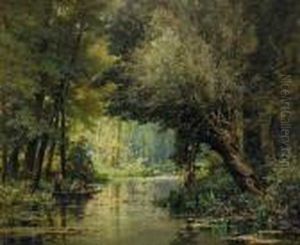 Angler Im Kahn Am Flussufer by Charles Euphrasie Kuwasseg