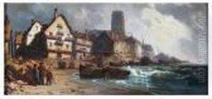 View Of Seaside Town With Boats And Figures On Beach