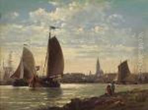 A Busy Dutch Seaport by Charles Euphrasie Kuwasseg