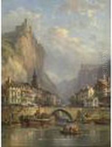 River Fortress Scene by Charles Euphrasie Kuwasseg