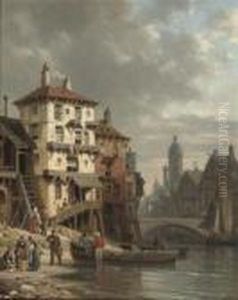 Daily Activities In A Riverside Town by Charles Euphrasie Kuwasseg