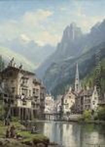 Fishing Before A Lakeside Town