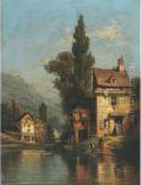 An Alpine Village With Washerwomen At River""""s Edge - view 1