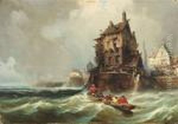 Rowing Boat In Rough Sea At At Village At A Cliff Line - view 1