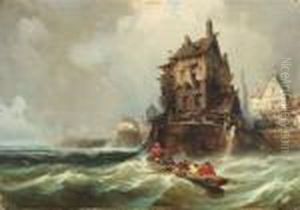 Rowing Boat In Rough Sea At At Village At A Cliff Line by Charles Euphrasie Kuwasseg