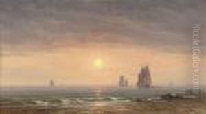 Fishing Vessels Off The Coast At Dusk by Charles Euphrasie Kuwasseg