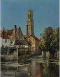 View Of A Moated Town by Charles Euphrasie Kuwasseg