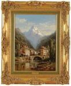 A Town In An Alpine Pass. by Charles Euphrasie Kuwasseg