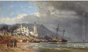 Unloading Vessels On The Normandy Coast by Charles Euphrasie Kuwasseg