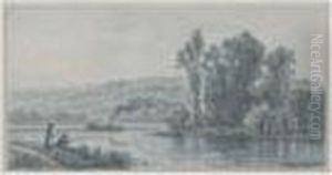 Pecheur En Bord De Riviere by Charles Euphrasie Kuwasseg