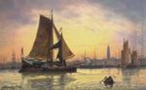 Barges Docking At A Harbour, Antwerp by Charles Euphrasie Kuwasseg
