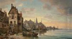 A Busy French Harbour Scene by Charles Euphrasie Kuwasseg