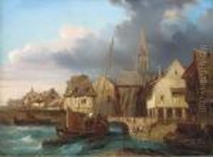 Fishing Vessels In A French Harbour Before A Fish Market by Charles Euphrasie Kuwasseg