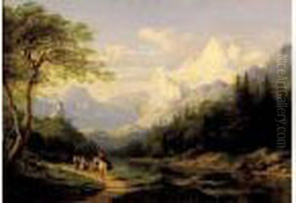 Personnages Au Bord D'un Lac De Montagne - view 1