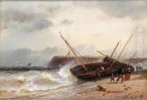 Beach Boats Threatened By Heavy Seas by Charles Euphrasie Kuwasseg