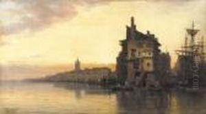 Sunset Over The Harbor by Charles Euphrasie Kuwasseg