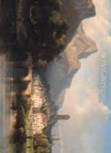 A Town On A River In A Mountainous Landscape by Charles Euphrasie Kuwasseg