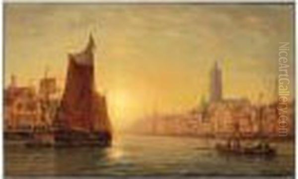 A Harbourscene In Brittany At Dusk - view 1