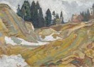 Landschaftspartie Im Vorfruhling Mit Tannen.