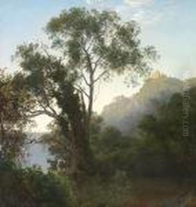 Early Morning At Lake Nemi. "tidlig Morgen Ved Nemisoen" by Janus Andreas Bartholin La Cour