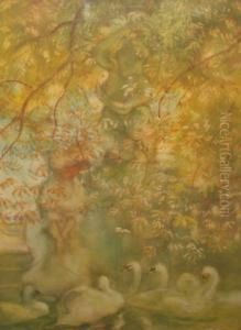 "the Woman And The Swans"; Water
 Andbodycolour, Bears Signature, Bears Inscribed Label Attached To 
Thereverse Of The Frame, 73.5x54cm by Gaston de Latouche