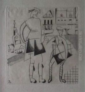 Le Marchand De Journaux Anglais / Young Boy Selling English Newspapers. by Jean Emile Laboureur