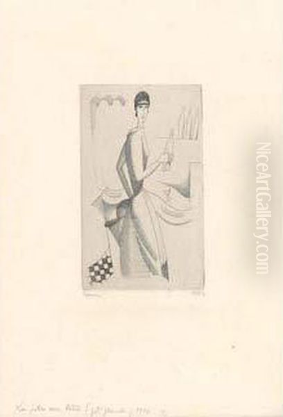 La Fille Au Litre (petite
Planche)- Serving Girl With Bottle (small Plate). 1920. Frontispice Pour
Le Nouveau Keepsake Pour L'annee 1921 - view 1