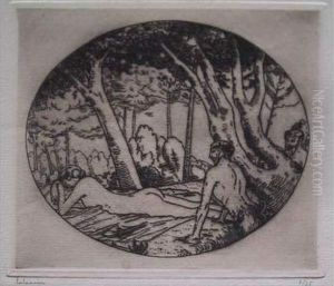 La Nymphe Surprise / Nymph Awakened By Two Satyrs. 1911 by Jean Emile Laboureur