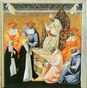 St Catherine before the Pope at Avignon c. 1460 by Giovanni di Paolo