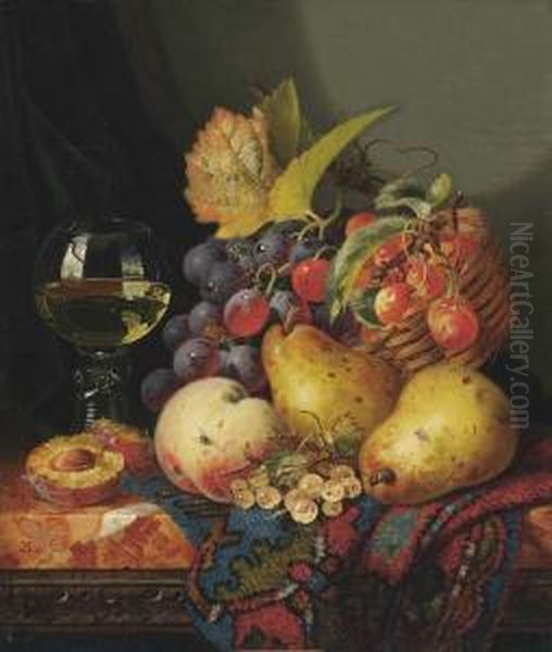Still Life With Red Grapes And 
Cherries In A Wicker Basket, Two Pears, Whitecurrants, A Peach, A Split 
Plum And A Roemer, On A Marble Topped - view 1