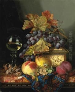 A Roemer With A Casket, Grapes, 
Plums, Cobnuts, Whitecurrants, Apear And A Peach On A Marble Ledge