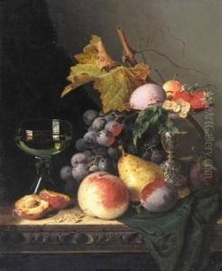 Still Life Of Grapes, Peaches, 
Raspberries, Walnuts, A Roemer And A Classical Bas Relief Sculpture On A
 Marble Ledge by Edward Ladell