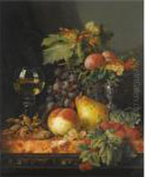 Still Life With Grapes, A Pear, A
Peach, Plums, Redcurrants Andraspberries, Hazelnuts, A Wine Glass And A
Silver Tazza - view 1