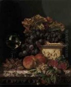 Grapes, Peaches, Raspberries, Cob Nuts, With A Casket And A Roemeron A Marble Ledge