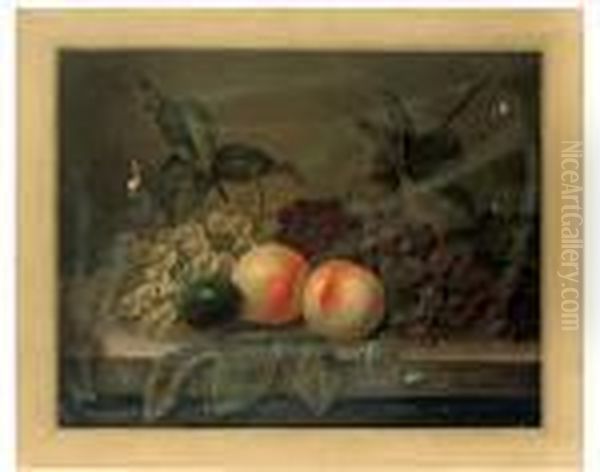 Peaches, Grapes And A Plum On A Stone Ledge - view 1