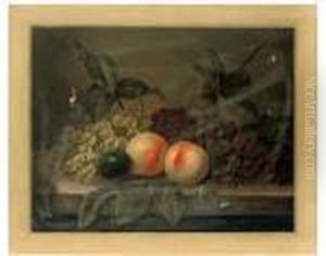 Peaches, Grapes And A Plum On A Stone Ledge by Edward Ladell