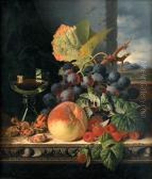 Still Life With Mixed Fruit And A Glass On A Ledge By A Window - view 1