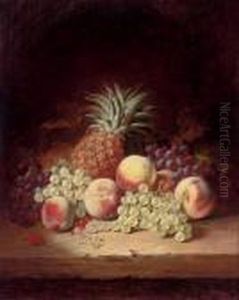 Grapes, Peaches And A Pineapple On A Wooden Ledge by Edward Ladell