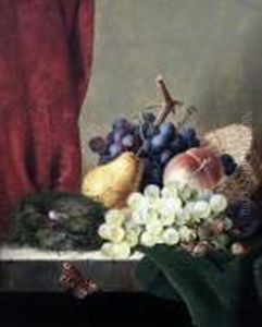 Still Life Of Grapes, Plums, A 
Pear, A Peach, Cobnuts And A Birds Nest, On A Ledge With A Butterfly