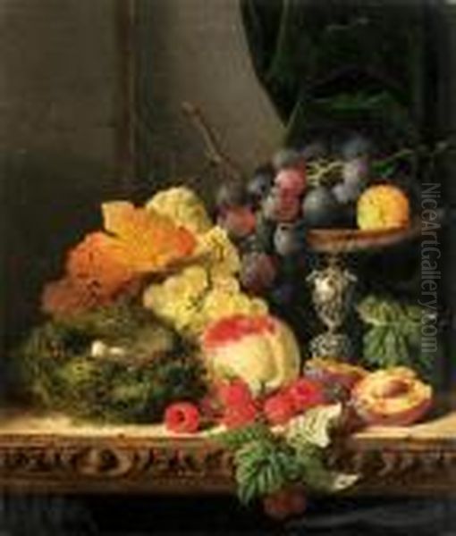 Still Life With Fruit, Leaves 
And A Bird's Nest On A Ledge; Still Life With Fruit, Leaves And A Glass 
Of Wine On A Ledge - view 1