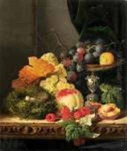 Still Life With Fruit, Leaves And A Bird's Nest On A Ledge by Edward Ladell