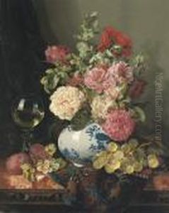 Mixed Flowers In A Chinese Vase With Grapes And A Wine Roemer by Edward Ladell