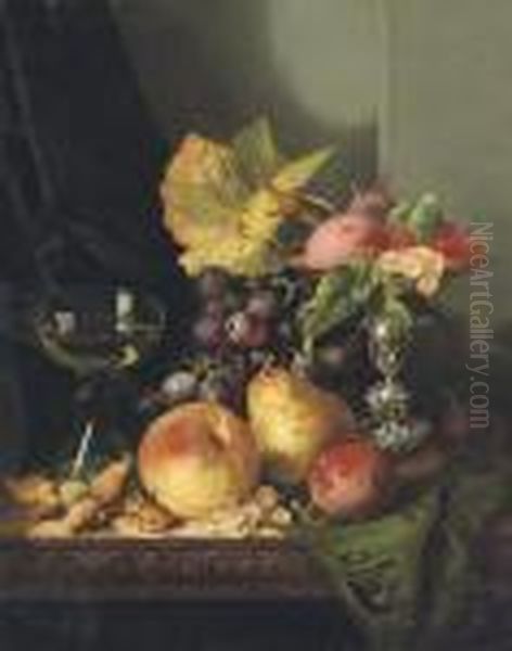 Plums, Raspberries And White Currants In A Tazza - view 1