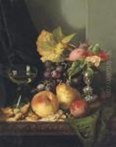Plums, Raspberries And White Currants In A Tazza by Edward Ladell
