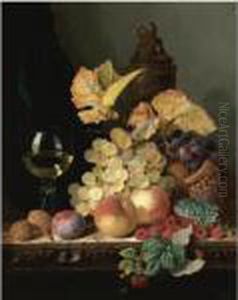 Still Life With Peaches, Plums, Grapes And Walnuts On A Carvedtable With A Wine Glass