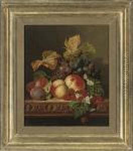Raspberries, Plums, Peaches And Grapes On A Carved Wooden Ledge by Edward Ladell