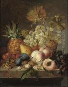 Grapes, Peaches, Cherries, Walnuts, Hazelnuts, A Pear And A Pineapple On A Ledge by Edward Ladell