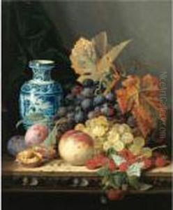 Still Life With A Chinese Vase,
Grapes, Plums, Raspberries And A Peach On A Carved Wooden Tabletop by Edward Ladell